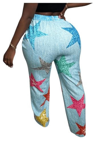 Floerns Women's High Waist Denim Straight Leg Clubwear Star Print Fake Jeans2