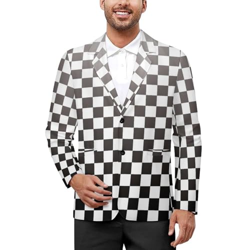 Black White Racing Checkered Flag Mens Blazer Suit Jacket Lightweight Slim Fit Casual Coat