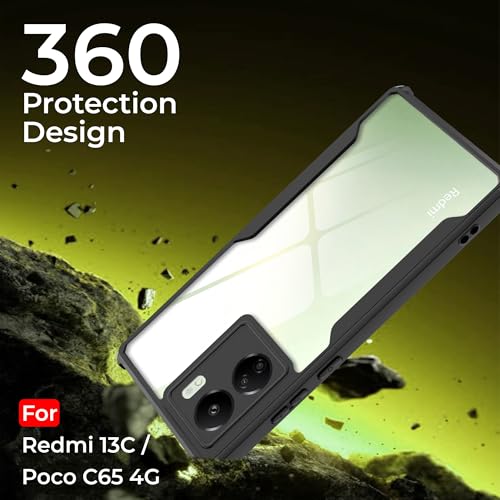 Image of A rtistque Clear Hard Transparent Acrylic Armor Back Cover Case for Redmi 13C 4G / Poco C65 4G | Shockproof TPU Edge Protection | Slim Protective Design | Redmi 13C Back Cover - Black
