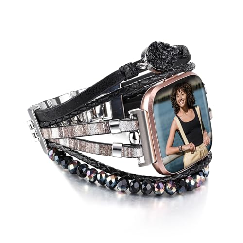 HARAVAL Pulsera de cuero con cuentas compatible con Fitbit Versa 4/Versa 3 Bands/Sense 2/Sense Band para mujeres y hombres, bonita correa bohemia hecha a mano multicapa para reloj inteligente Fitbit,