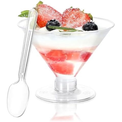 HawHawToys 50 Pack 4 oz Dessert Cups with Spoons Clear Plastic Martini Glasses-Disposable Cocktail Glasses Parfait Shooter Cups for Party Champagne,Parfait,Ice Cream,Pudding and Trifle (Short) Cover