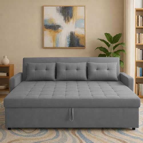 Image of Casaliving Treshta 3 Seater Pull-Out Premium Fabric Sofa Cum Bed Sofa Set for Living Room (Dark Grey Fabric Color) Premium Fabric Sofa Set for Living Room Sofa Cum Bed
