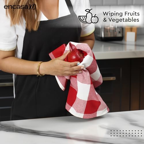 Image of Encasa XO Kitchen Towels Cotton Pack of 4 | 70x45 cm, Buffalo Red Checks - Dish Cloths | Highly Absorbent Cleaning & Wiping Cloths for Kitchen | Reusable Tea Towels