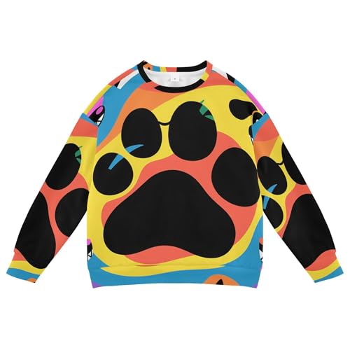 Wudan Colorful Dog and Paw Big Girls Sweatshirt Hoodie Crewneck Kids Pullover Hoodie
