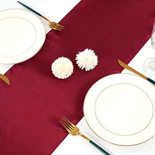 20 Packs Burgundy Satin Table Runners 12 X 108 Inch Long Smooth Fabric Table Runner For Wedding Banquet Graduations Birthday Party, Table Runners Fit Rectange And Round Table #TOP4