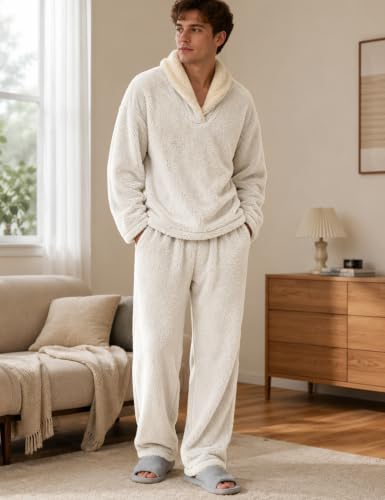 Image of Mens Fluffy Coral Fleece Pajamas Set Pullover Pants Loose Plush Warm Loungewear Sleepwear