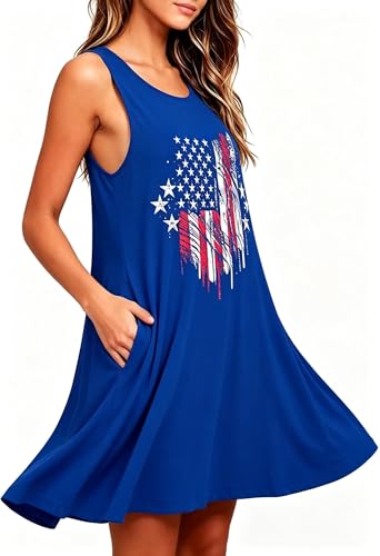 Image of Roshop Womens Juneteenth Flag Sleeveless Dress 4th of July Patriotic Swing Sundress with Pockets