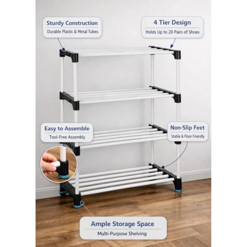 Image of 4-Tier Shoe Storage Shelf with Sturdy Construction, Ventilated Open Slat Design, Tool-Free Quick Setup, Non-Slip Feet, Perfect for Closet, Bedroom, Shoe Organization