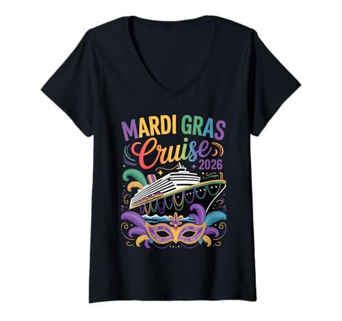 Womens Mardi Gras Cruise 2026 Fun Vibes for Travelers and Party V-Neck T-Shirt