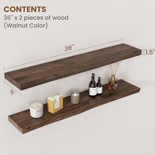 Image of Floating Shelves for Wall Decor, Rustic Solid Elm Wood Live Edge Floating Shelves Wall Mounted, Wall Shelves with Invisible Bracket for Living Room Bathroom Bedroom Kitchen, 36 Inch Set of 2, Walnut