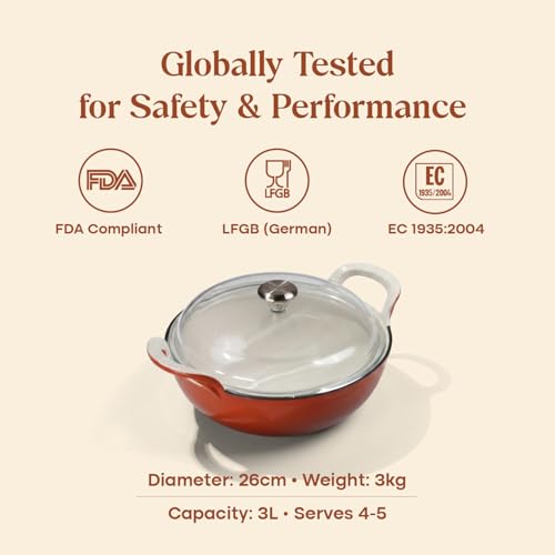 Image of CUMIN CO. Cast Iron Kadai with Lid | 3L, 26 cm | Induction Base Cookware |10 Years Warranty | Non Toxic Heavy Bottom Kadhai for Frying | Chemical Free Coating | Free Accessories | Color: Rust