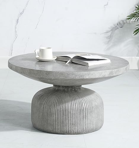 Modern Concrete Coffee Table Round Pedestal Table with Weathered Grey