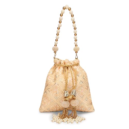 Image of LONGING TO BUY Indian Embroidered Pearl Potli Bag For Women, Sequence Design with Tassel, Wedding Potli Bags
