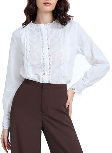 HERYEA Womens Dressy Casual Lace Blouse Cotton Long Sleeve Button Up Shirts Tops(25H003,White,M)