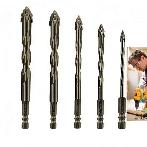 5 -PCS Edged Serrated Eccentric Drill Bit High-Strength Eccentric Twist Drill Bit Set (4/6/8/10/12mm), Suitable for Concrete,Glass,Brick,Cement,Tile,Wood, Metal