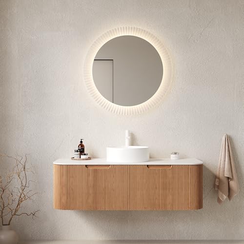 Image of KEIKI 48 inch Bathroom Vanity with Sink, Wall-Mounted Floating Vanity with Curved Edges & 3D Striped Drawer Fronts, White Round Ceramic Basin, Pre-Assembled Storage Cabinet, Natural Wood