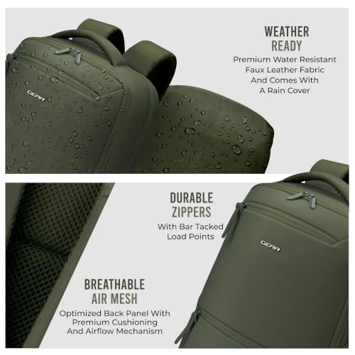 Image of Gear Armour 19 inch /28L Large Faux Leather Anti Theft Water Resistant Laptop Backpack with Raincover | Travel Backpack | Casual Backpack for men /women (Olive)