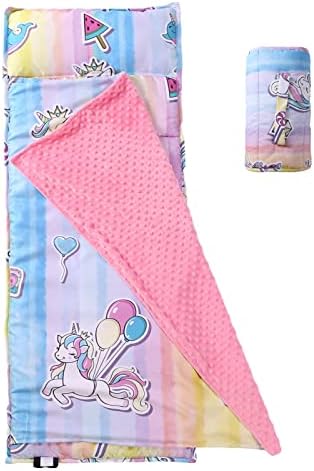 NapCure Toddler Nap Mat with Removable Pillow and Minky Blanket,Soft Rolled Napping Mats for Boys and Girls,Lightweight Daycare,Preschool,Travel Toddler Sleeping Slumber Bags-50”×19”(Unicorn)