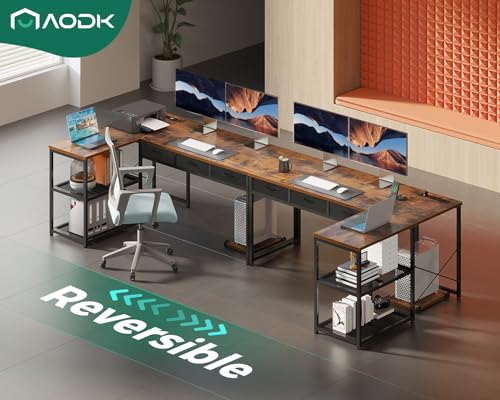 AODK 53 Inch L Shaped Computer Desk with Drawers, Corner Desk with Power Outlets & Reversible Storage Shelves, Movable CPU Stand for Home Office Gaming, Vintage