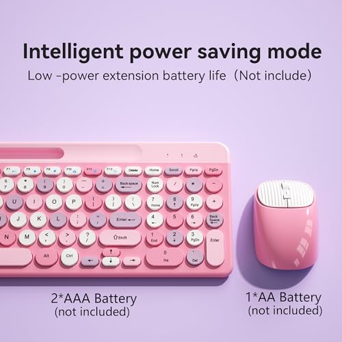 Image of Retro Wireless Keyboard with Round Keycaps, 2.4GHz Full-Size USB Cute Wireless Keyboard Mouse for Computer, Desktop, Laptop and Computer (Pink-Colorful)