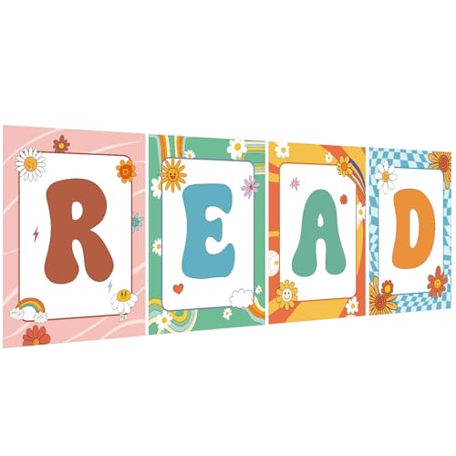 Image of COCHIE Reading Posters for Classroom Decorations, Library Reading Corner Decor, Read Signs Poster Bulletin Board Set of 4, Pre-k Preschool Kindergarten Classroom Wall Decoration (Groovy)