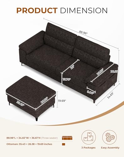 Image of 88.97 inch L Shaped Sectional Couches Deep Seat Sofa for Living Room(Dark Gray)