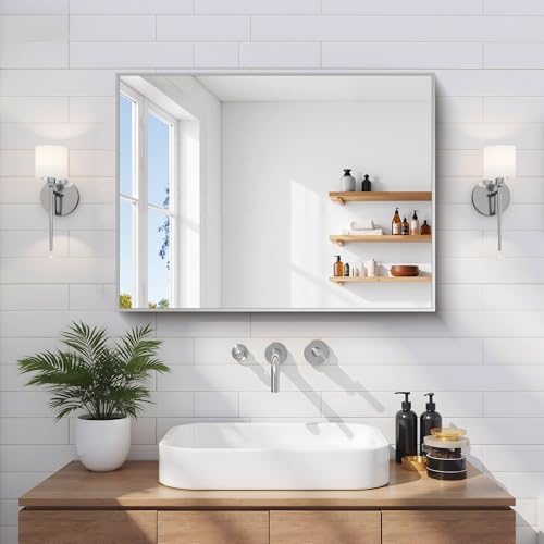 Image of COFENY Silver Bathroom Mirror for Wall, 18x24 Inch Rectangle Mirror with Metal Frame, Modern Vanity Mirrors for Bathroom Living Room, Entryway Hangs Horizontal or Vertical