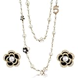Designer Imitation Pearl Necklace and Pearl Black Camellia Stud Earrings,Number 5 Long Necklace, Fashionable Camellia Stud Earrings, Charming Pearl Sweater Chain for Women, Ideal for Birthdays