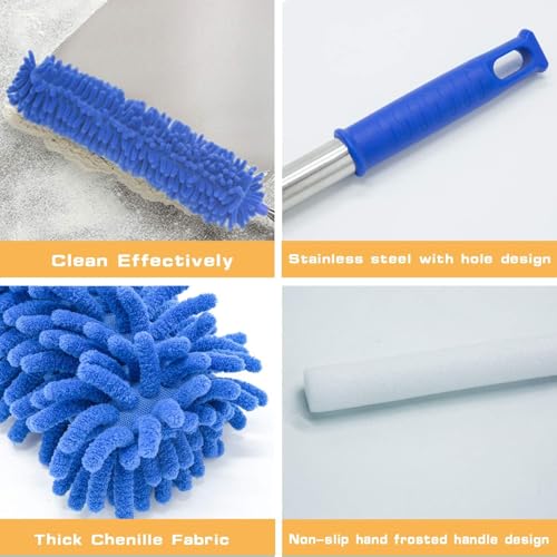 Image of 3 in 1 Microfiber Feather Duster Bendable & Extendable Pole 30-100 Inch Extra Long Extension Pole for Cleaning High Cobweb Stick High Ceiling Fan - Stainless Steel,Blue
