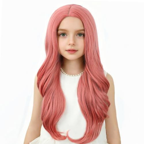 Image of Light Pink Wig Long Pink Middle Part Wig Long Wavy Curly Wigs Heat Resistant Synthetic Wigs for Daily Party Use
