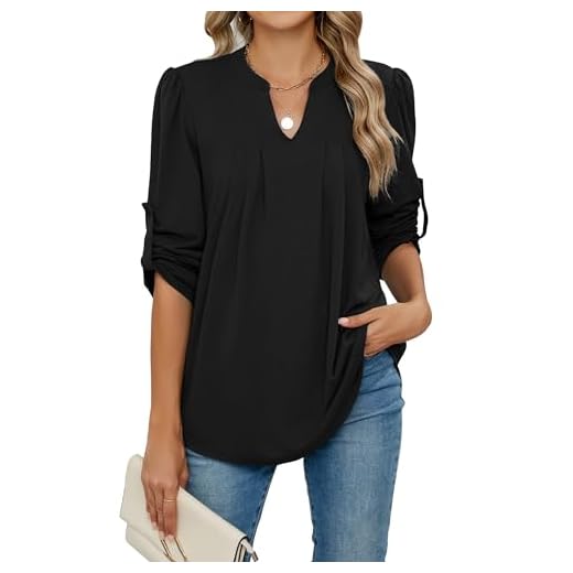 Blooming Jelly Women's Plus Size Tunic Tops Fall Pleated V Neck Long Sleeve Shirts for Leggings(Black, X-Large)