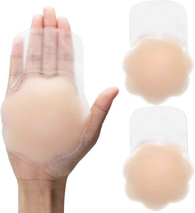 Silicone Breast Lift Flower Stickers Adhesive Invisible Bra Lift Tape Strapless Backless Reusable Silicone Breast Nipple Cover Pasties Invisible Nipple Cover (2 Pair) Beige-image-25
