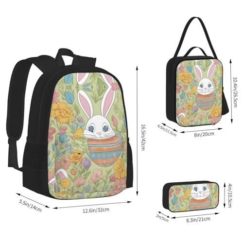 Easter Bunny Floral Print 3-Piece Set Backpack, Lunch Bag And Pencil Case, For Travel, College, And Daily Use4
