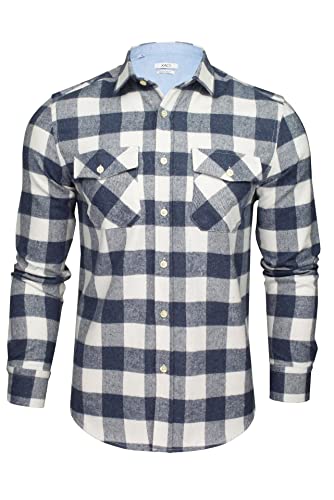 Xact Mens Soft Flannel Buffalo Check Shirt, Long Sleeved, Regular Fit (Jack - Navy/White) XL