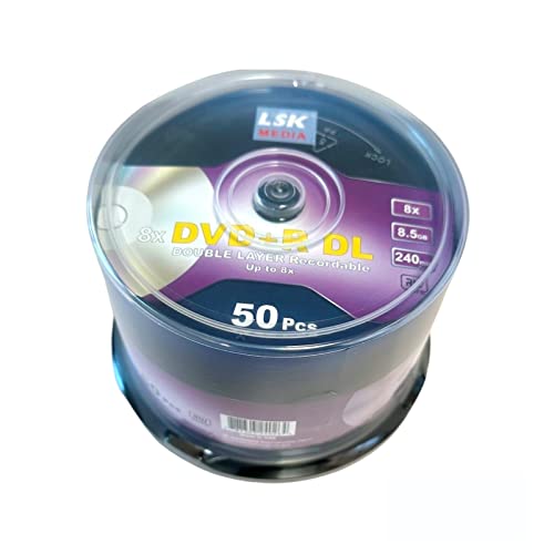 DVD+R DL Double Layer 8X 8.5GB 240min Video – LSK Media Logo Top, 50 Pack in Spindle | Blank DVDs for Burning Video | DVD Discs Blank | Recordable DVDs
