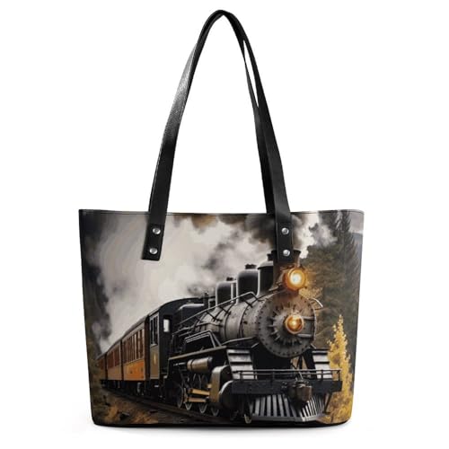 Sac cabas en cuir grainé motif train à vapeur pour femme active en voyage et au quotidien