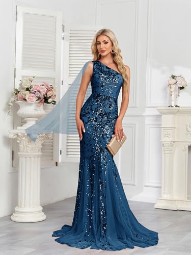 Image of One Shoulder Glitter Mermaid Dress for Mother of The Bride Women's Sexy Sequin Formal Gown
