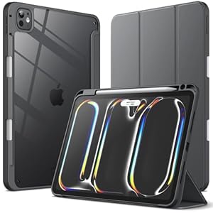 JETech Case voor iPad Pro 11-Inch M5/M4 2025/2024 (6e/5e Generatie) met Pencil Houder, Doorzichtig Transparante Achterkant Schelp Slank Standaard Schokbestendig Tablet Hoes Cover (Spacegrijs)