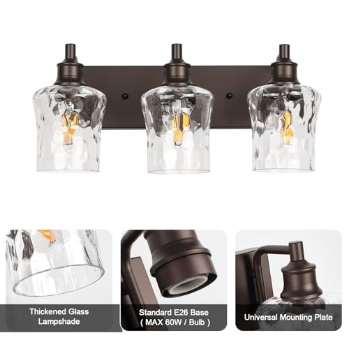 Image of Bathroom Light Fixtures Farmhouse Oil Rubbed Bronze Vanity Lights for Bathroom Lighting Fixtures Over Mirror with Hammered Glass Lampshade for Cabinet Mirror Bedroom Hallway 3 Light