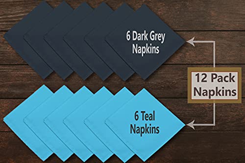 Image of Ruvanti Cloth Napkins Set of 12, 18x18 Inches Napkin Cloth Washable, Soft, Durable, Absorbent Cotton Blend. Table Dinner-Napkin Cloth for Hotel, Lunch, Restaurant, Wedding Parties - Dark Grey & Teal