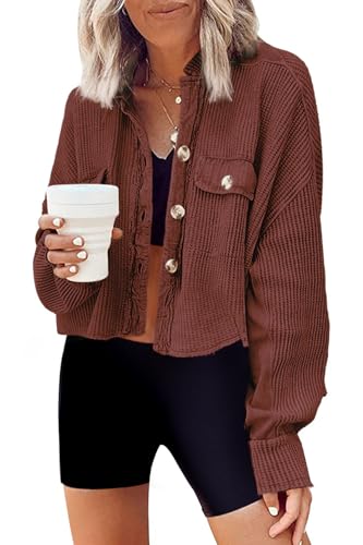 Image of Panadila Women's Cropped Waffle Knit Shacket Short Button Down Jacket Batwing Sleeve Shirts with Pocket