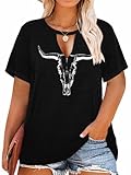 Plus Size Western Cow Skull Shirt Women Keyhole Sexy V Neck Country Music Tops Tshirt