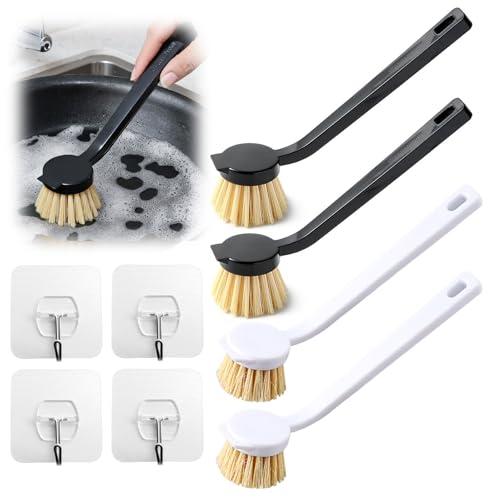 Cepillo para Sartenes, Cepillo para Platos De Cocina, Adecuado para Lavar Ollas, Cuencos, Fregaderos, Estufas, Etc. (4 Piezas, Blanco Y Negro, con 4 Ganchos Adhesivos Transparentes)