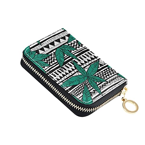 Seamless Green Leafs Tribal Texture Credit Card Coin wallet, RFID Blocking Compact Women Leather Card Holder, Key Change Organizer, Zipper Purse Clutch Pouch Pocket