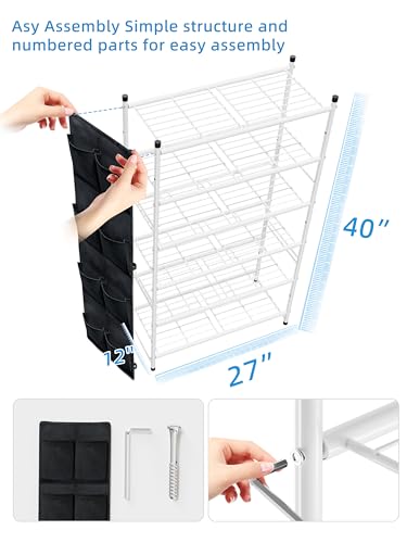 Image of 6 Tier 27 inch Metal Shoe Rack for Closet, Shoe Organizer Storage Shlef with Pocket, White