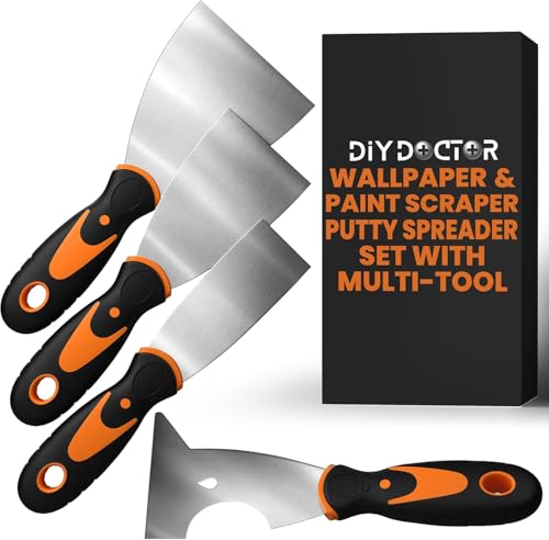 DIY Doctor - 4 Piece Wallpaper Scraper Tool Set - 3 Wallpaper Strippers w/ 1 Multifunctional Tool/Putty Scraper - Wall Paper Scraper Tool Set (1.5, 2.5, 3.5 inch Paint Scraper w/ 3 inch Multitool)