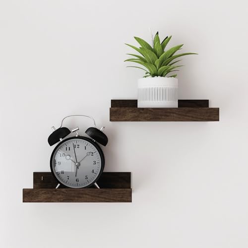 Image of Small Walnut Floating Shelves for Wall, 8 in Shelf with Lip Set of 2 | Mini Display Ledge Shelf for Wall Decor, Wall Mounted Wood Shelves for Bedroom, Bathroom, Living Room, Kitchen, Nursery Room