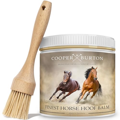 COOPER & BURTON Bálsamo para pezuñas para caballos, cuidado de pezuñas con aceites naturales para pezuñas saludables, 500 ml + cepillo, promueve el crecimiento de pezuñas y protege contra grietas