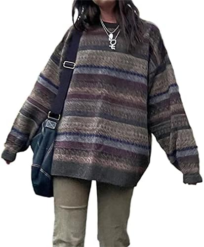 Women Y2K Argyle Striped Pullover Sweater Casual Long Sleeve Round Neck Vintage Preppy Style Pullover Knitwear