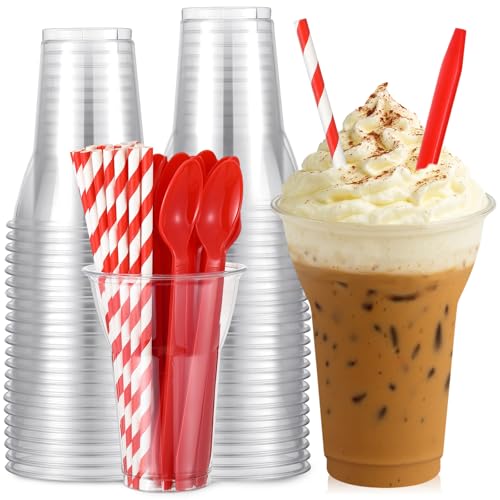 Baderke 50 Sets Plastic Parfait Cups with Red Plastic Soda Spoons and Paper Straws Disposable Root Beer Float Cups Clear Milkshake Mugs for Ice Cream Sundae Yogurt Party Drinks (15oz)